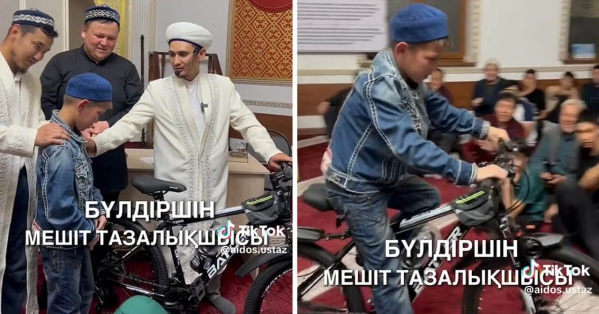 «Дәретхананы да жуады»: Алматыда мешіт тазалайтын балаға имам велосипед сыйлады