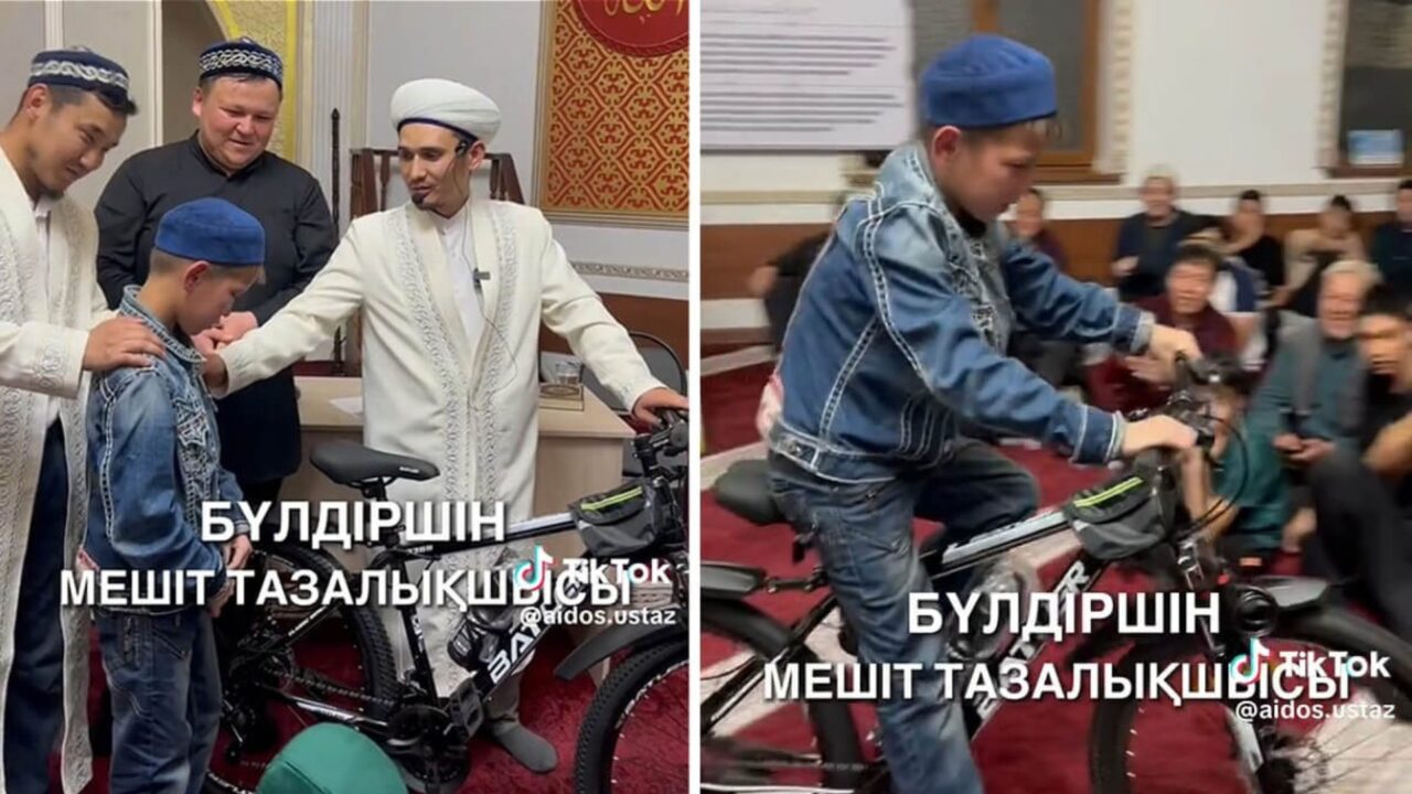 «Дәретхананы да жуады»: Алматыда мешіт тазалайтын балаға имам велосипед сыйлады